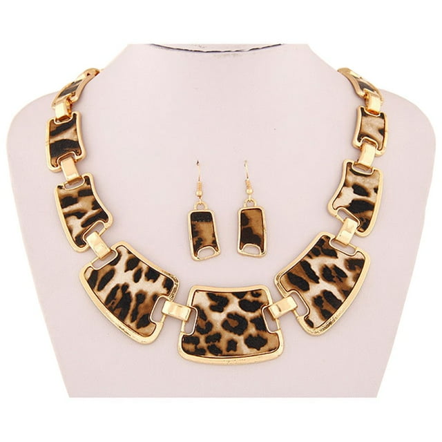 Fiudx Collar con Vetas de Leopardo, Elegante Collar Dorado Tipo Babero, Pendientes con Diseño Resistente a Rayones, Juego de Resina de Aleación Que No Se Decolora, Regalo Perfecto para Aniversarios o