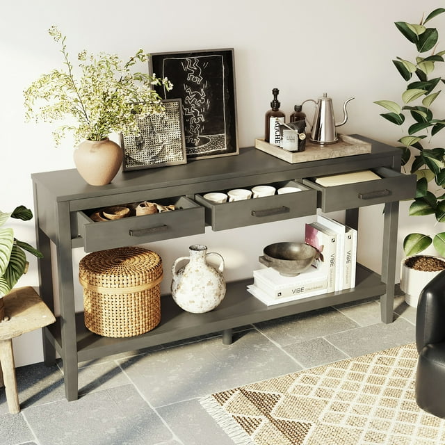 Noble House 62.2" Farmhouse Entryway Table, 3-Drawer Painted Console with Bottom Shelf & Iron Handles,Minimalist,Gray