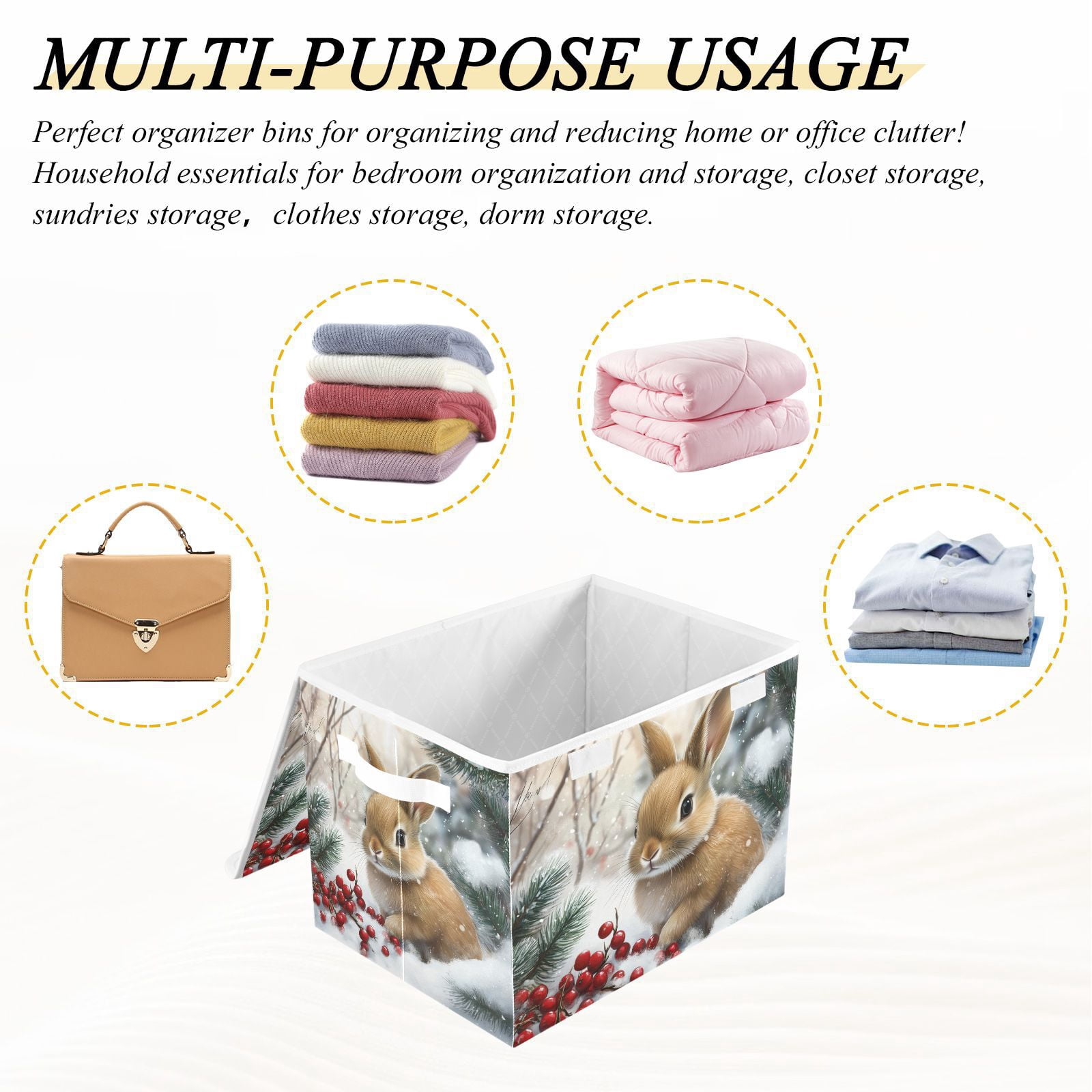 Snow Rabbit Easter Storage Basket for Shelves Foldable Container Organizer for Organizing Toys Clothes Books with Handles