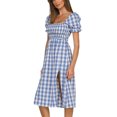 thumbnail image 3 of DYMADE Women Summer Casual Check Print Short Sleeve Square Neck Side Split A-Line Dresses, 3 of 4
