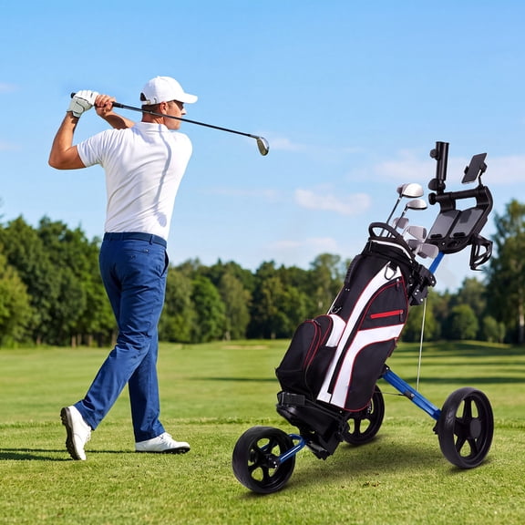 Golf Cart Push, 3 Wheels Golf Pull with Phone/Cup/Umbrella Holders, Dual Scorecard Holder, Lightweight Aluminum, Quick Fold Golf Bag Cart for Different Terrain