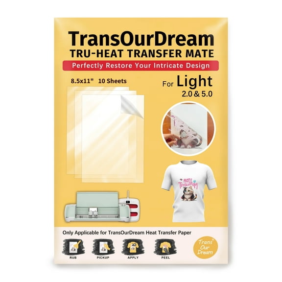 TransOurDream Tru-Heat Transfer Mate for Light T Shirts Transfer Paper (10 sheets, 8.5"x11") Clear Iron on Transfer Tape for Printable HTV Vinyl (TAPL-10)