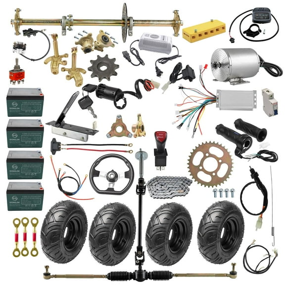 32" Complete Upgrade Go Kart Rear Axle Kit with 13x5.00-6" Wheels Tires & Brushless 48V 1800W Electric Motor Kit & 4 Pack 12V 12Ah Battery Set for DIY ATV Quad Buggy Drift Trike 4 Wheelers