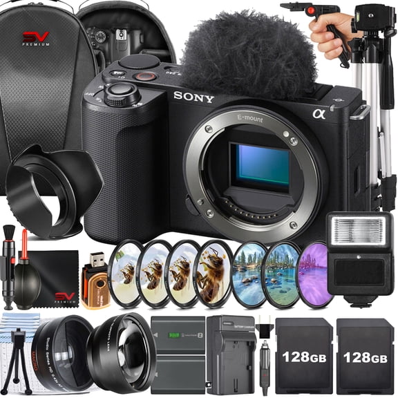 Sony ZV-E10 II Mirrorless Camera (Black) (Body Only)   2 Pack 128GB Memory Card   Backpack   Filter Kit   Full Size Tripod   SV Premium Accessory Bundle (International Model)