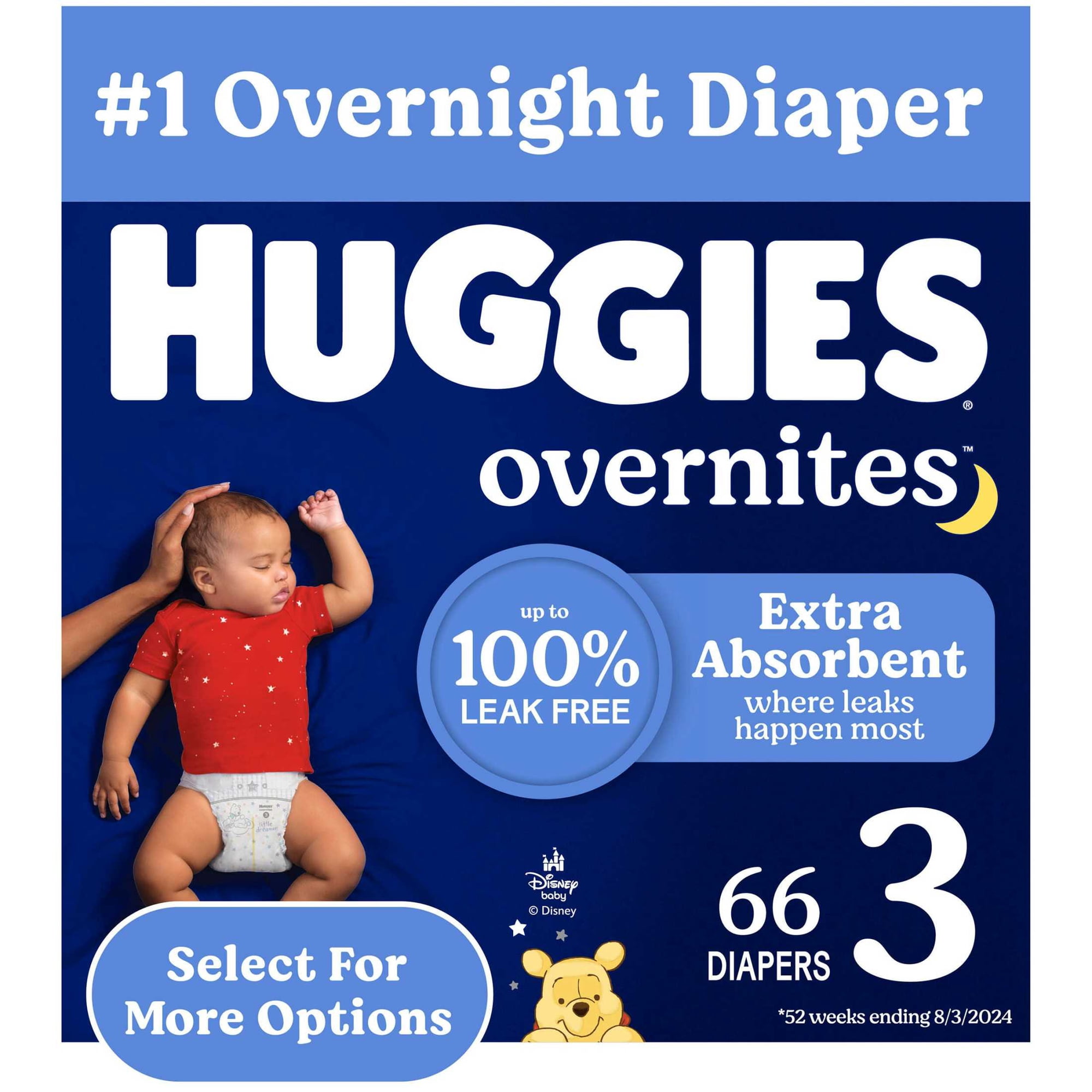 Huggies Overnites Nighttime Baby Diapers, Size 3 (16-28 lbs), 66 Count (Select for More)