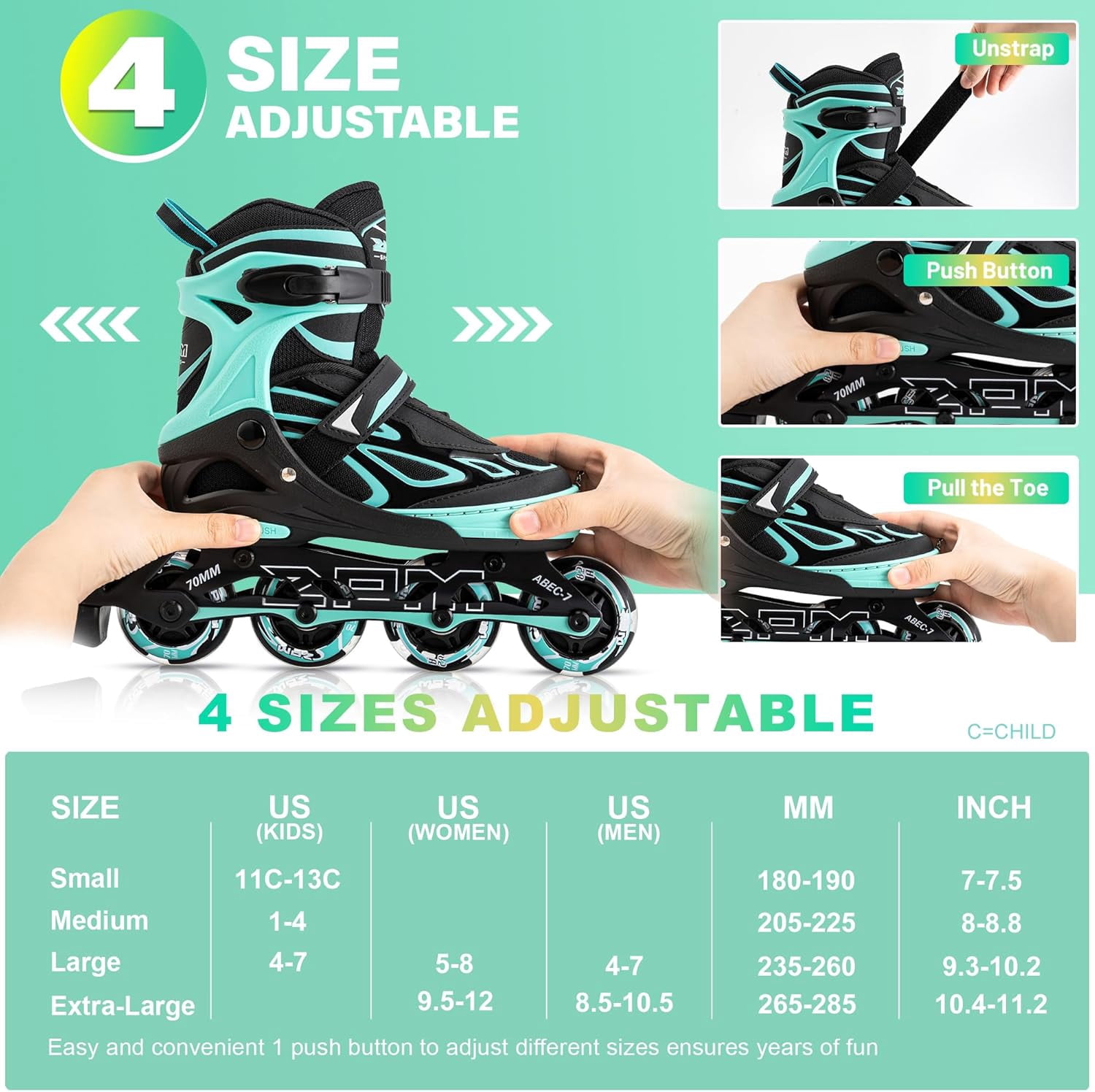 Adjustable Flashing Inline Skates, All Wheels Light Up, Fun Illuminating Skates for Kids Men Adult Women and Boys