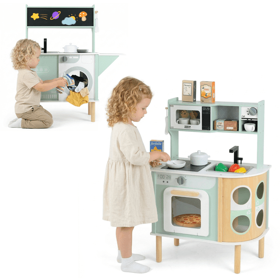 INFANS Kids Kitchen Playset, Toddler Wooden Pretend Cooking Set with Stove Microwave Dustbin Storage Cabinet, Play Kitchen Toy Set with Toy Food Cookware Accessories for Children Boys Girls