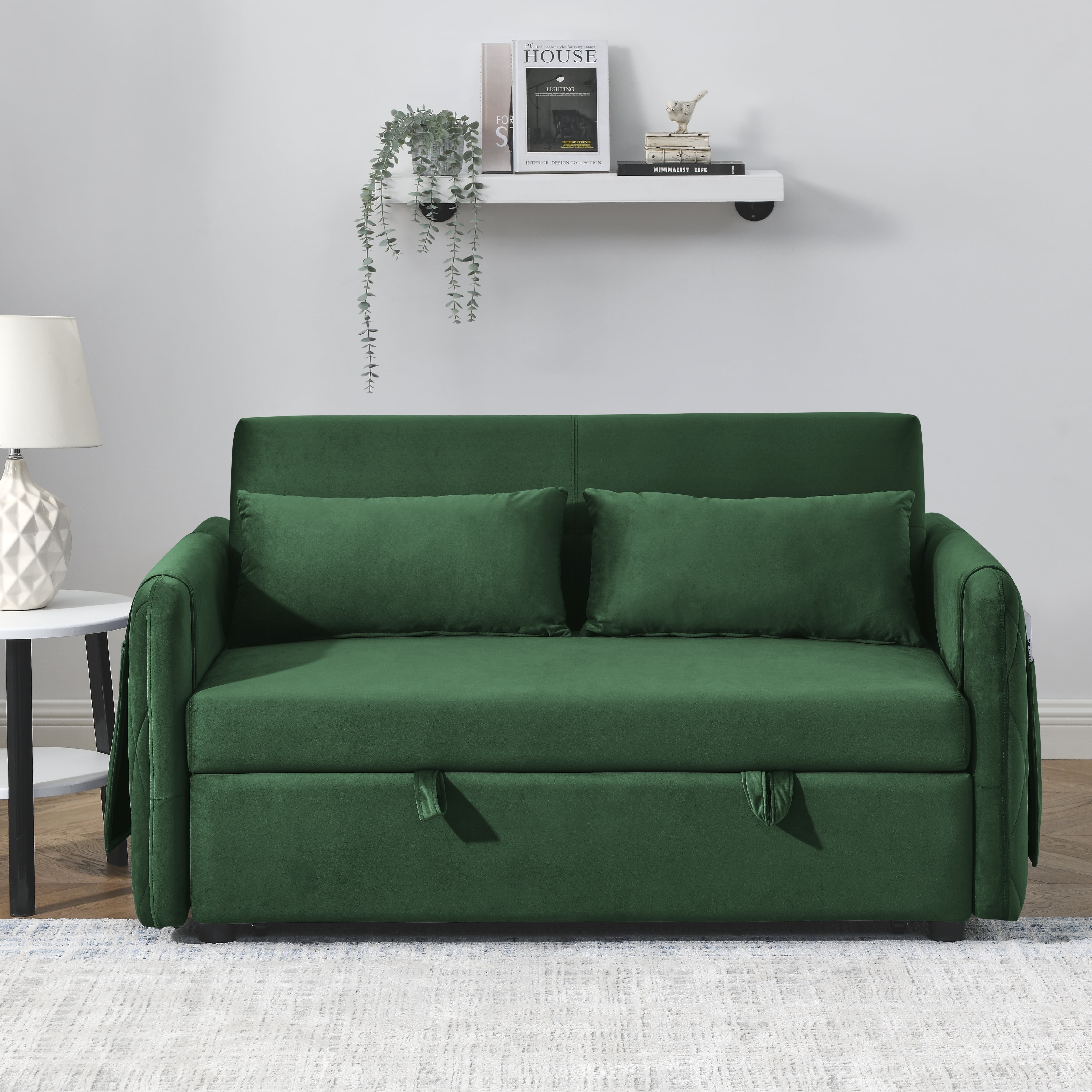 DEALTOPS 55" Modern Velvet Pull Out Sofa Bed Loveseat Lounge Chaise,Sleeper Sofa Bed with Adjustable Backrest 2 Detachable Arm Pockets - Green