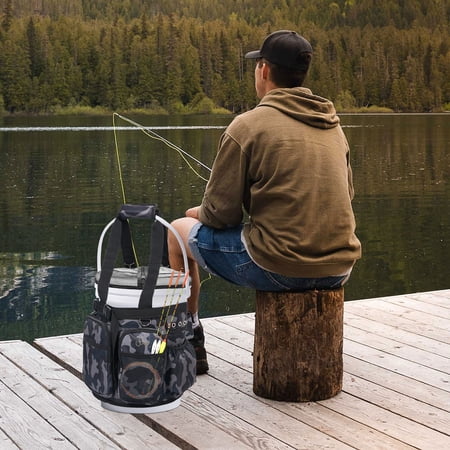 Fishing Bucket Organizer Heavy Duty Ice Fishing Tackle Bag with Multi Pockets Adjustable for 5 to 6 Gallon Bucket Gear and Accessories