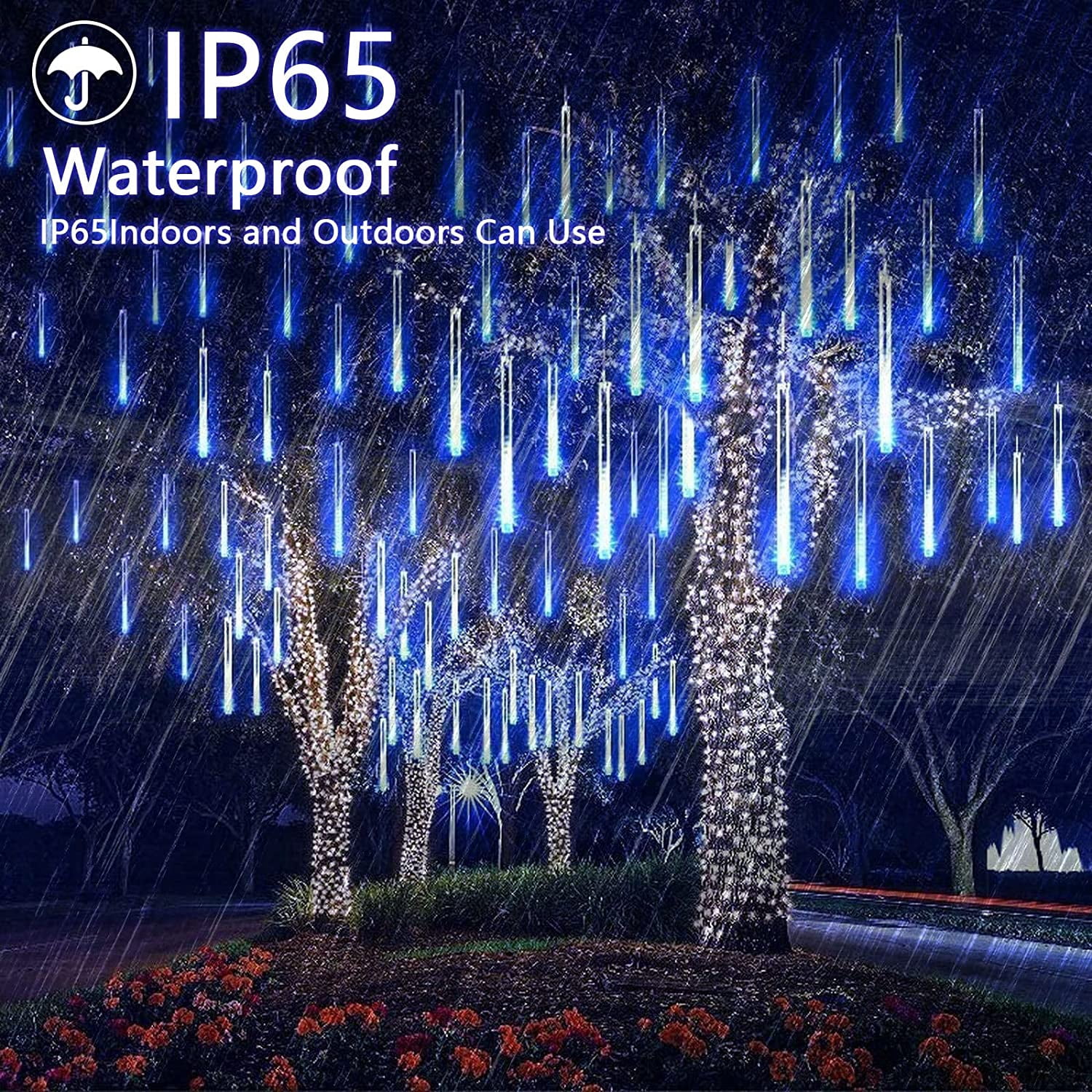 Solar Powered Christmas Meteor Shower Lights, 10 Tube 240 LED Icicle Fairy String Lights, Blue