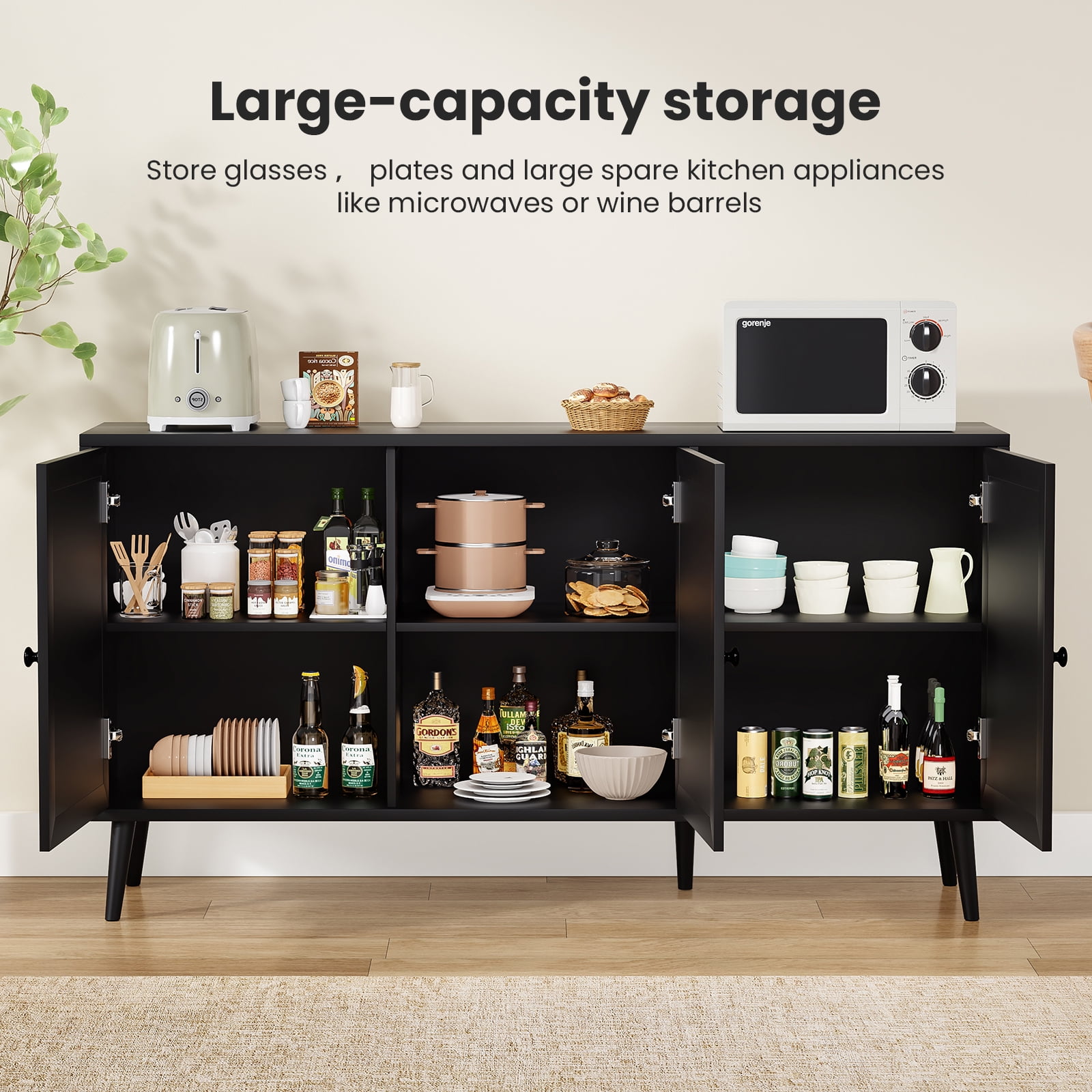 Aukfa Rattan Sideboard Buffet Cabinet,Accent Cabinet with Doors & Shelves for Kitchen, Living Room,Black