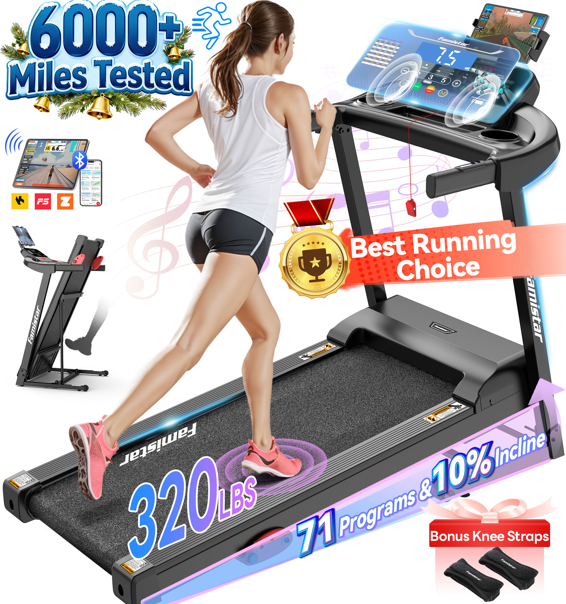 Treadmill for Home, Portable Folding Electric Exercise Treadmill with Adjustable Incline, APP Control, 64 Programs, 320 lb Capacity, 7.5MPH, Bluetooth Speakers, Running Walking Jogging, 01/18 Update