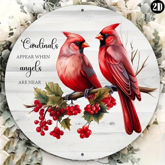 HELLOYOUNG Tin Cardinal Birds Wreath Sign, Halloween Christmas Decor 8 Inch Round Wall Art for Home Garden Kitchen Office Living Room Bedroom Bathroom Plaques & Signs Wall Panels
