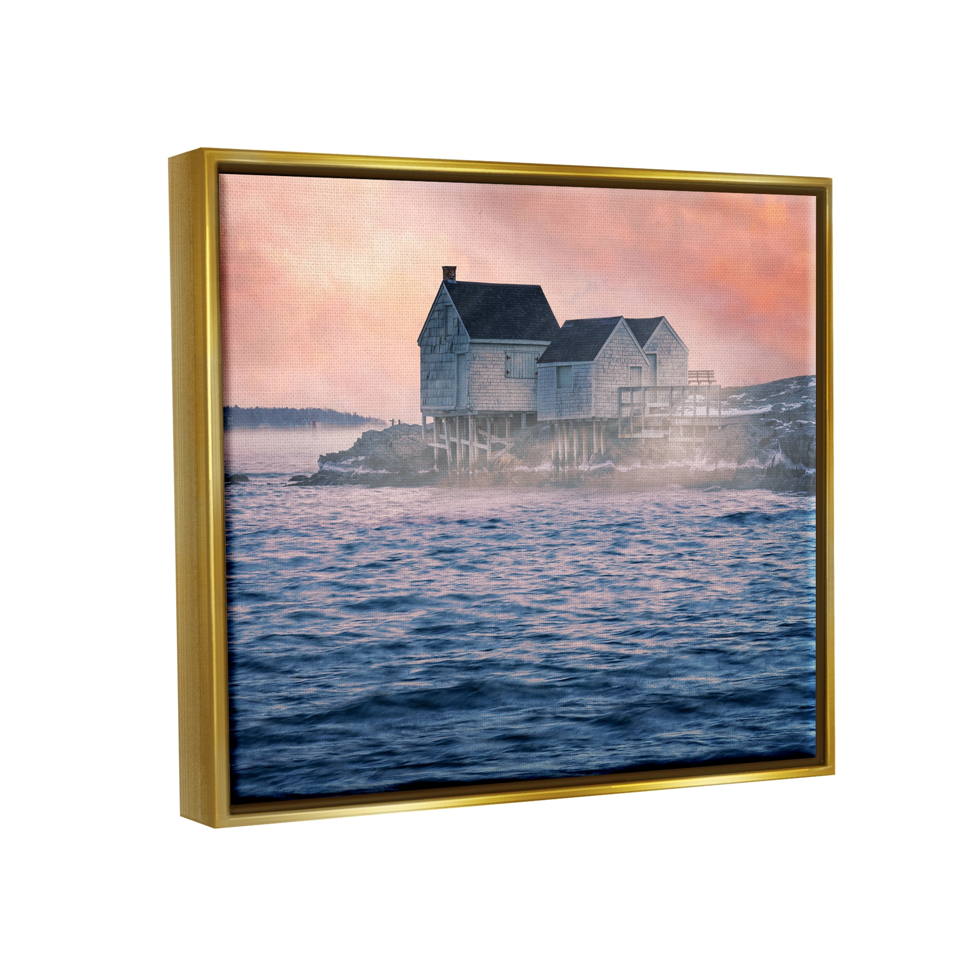 Stupell Coastal Cottage Seaside Ocean Waves Landscape Photography Gold Floater Framed Art Print Wall Art