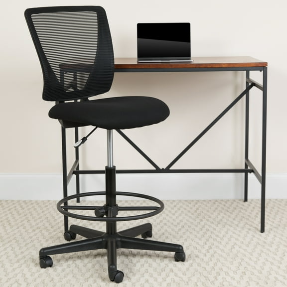BizChair Ergonomic Mid-Back Mesh Drafting Chair with Black Fabric Seat and Adjustable Foot Ring