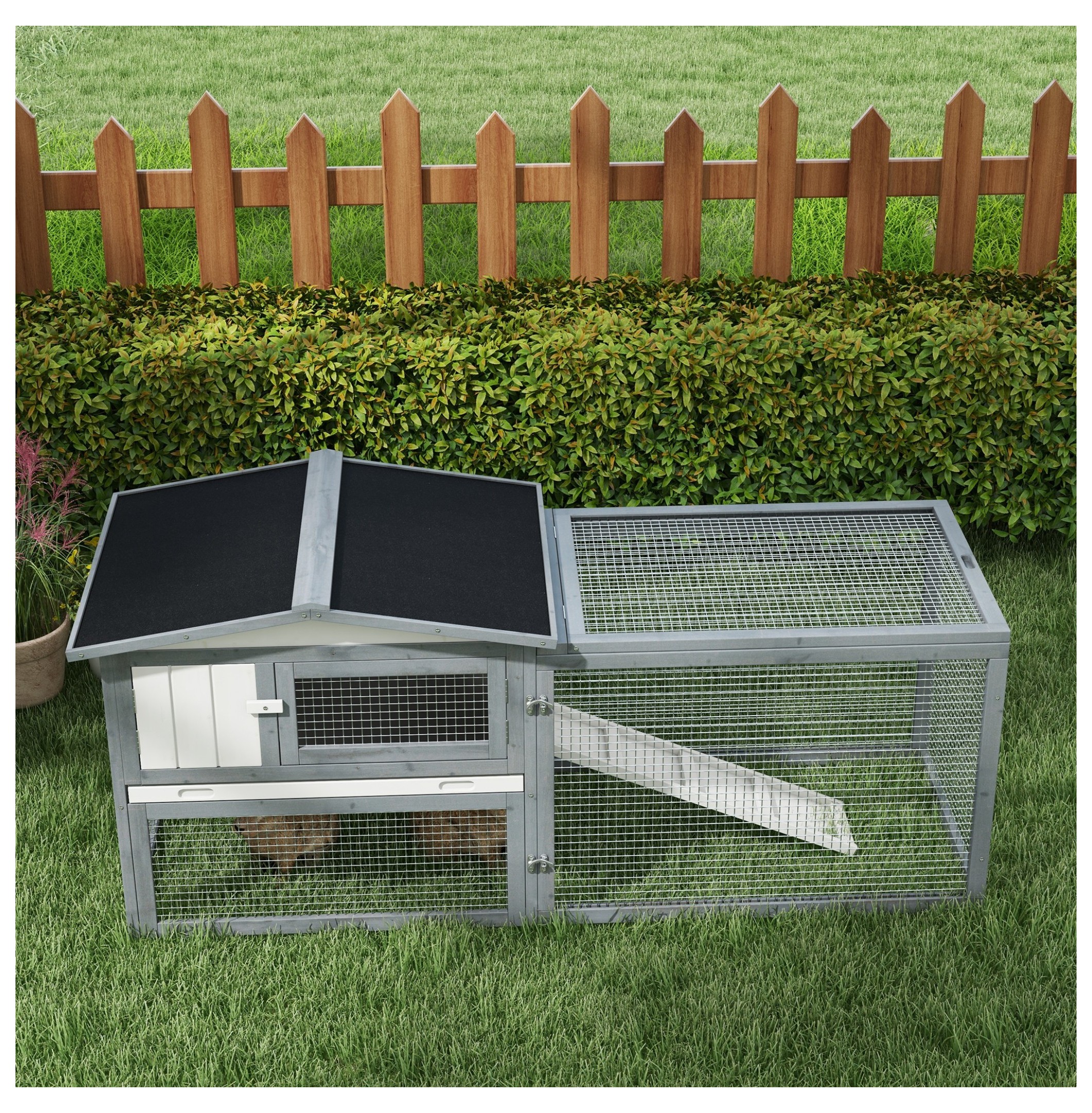 Rabbit Hutch Outdoor 2-Tier 61" L Wooden Cage for Rabbits Guinea Pigs - White