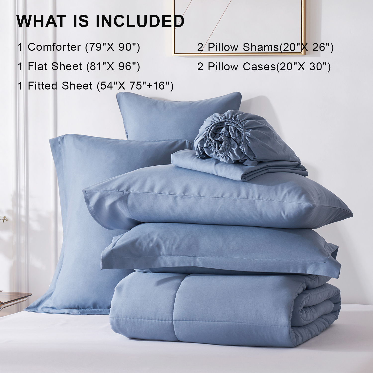 Flymme Full Size Comforter Sets with Sheets Blue Bed in a Bag Full Bed Sets 7 Pieces Modern Soft Microfiber Complete Bedding Sets for Women Man