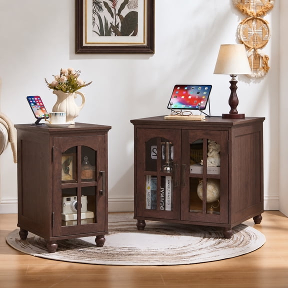 Joaxswe End Table Set 2 with Charger, Nightstand and Side Table with Glass Door Storage, Bedside Table for Living Room, Bedroom, Retro Walnut