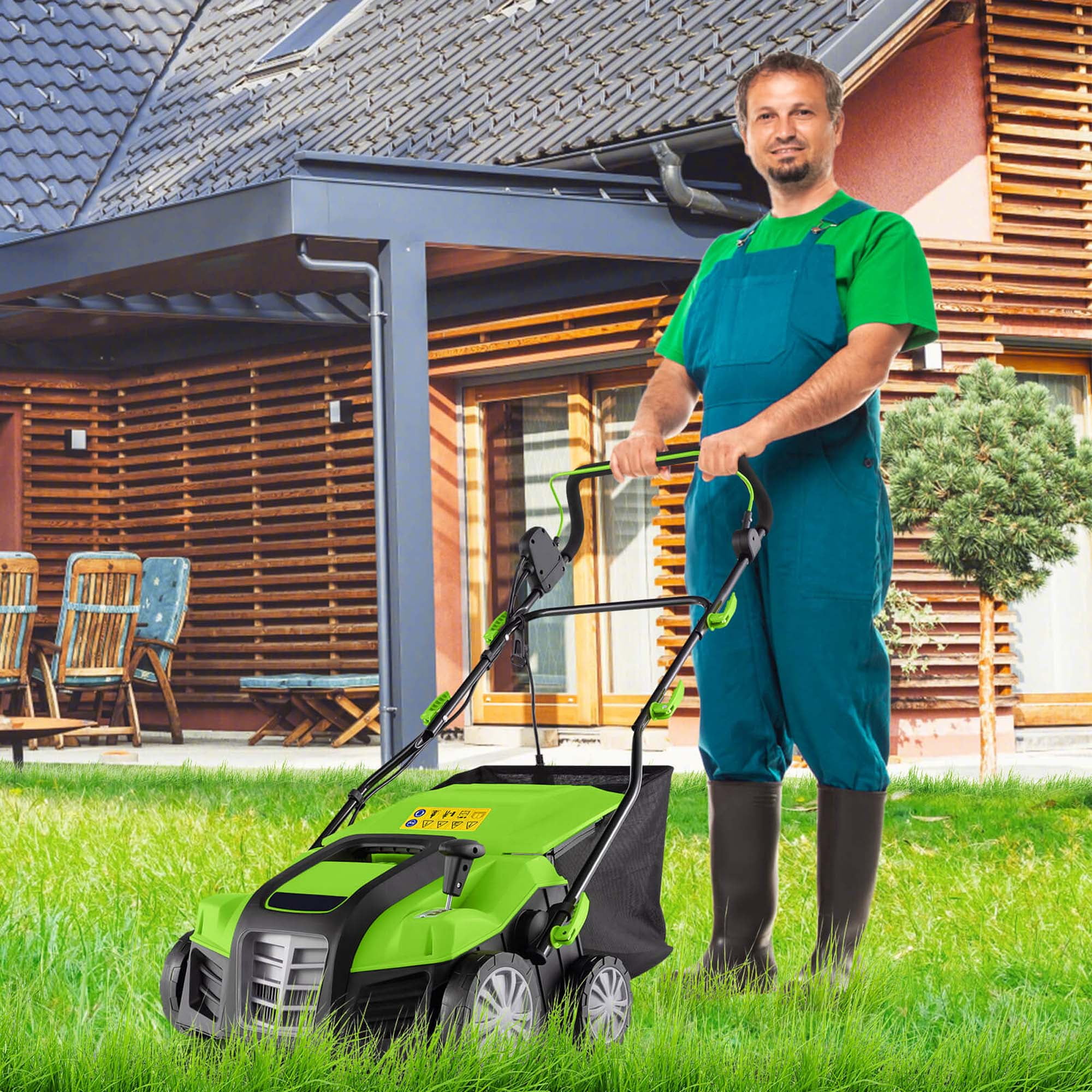 Costway 16-Inch Electric Dethatcher & Scarifier 15A 2-In-1 Lawn Dethatcher Green