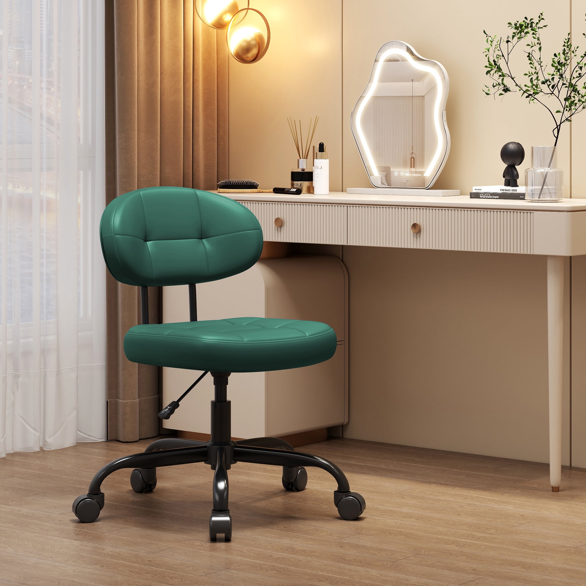 Misolant Vanity Chair with back, Small Armless Cute office Chair with wheels and Lumbar support, Comfy PU Leather Desk Computer Chairs with Adjustable Height, 360°Swivel for Home Bedroom Office