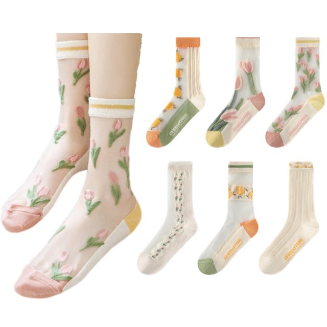 6 pares de calcetines transparentes para mujer, calcetines florales, calcetines de encaje de malla transparente de verano, calcetines finos de cristal jacquard