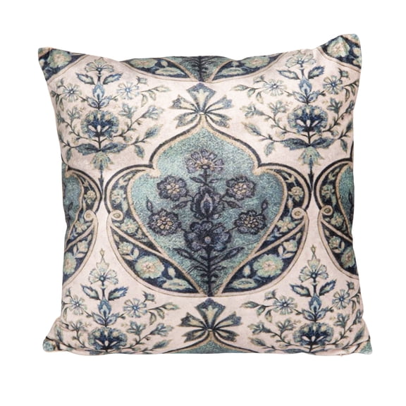 Creative Co-Op Cotton Blend Velvet Printed Pillow with Floral Pattern, Cream Color and Blue