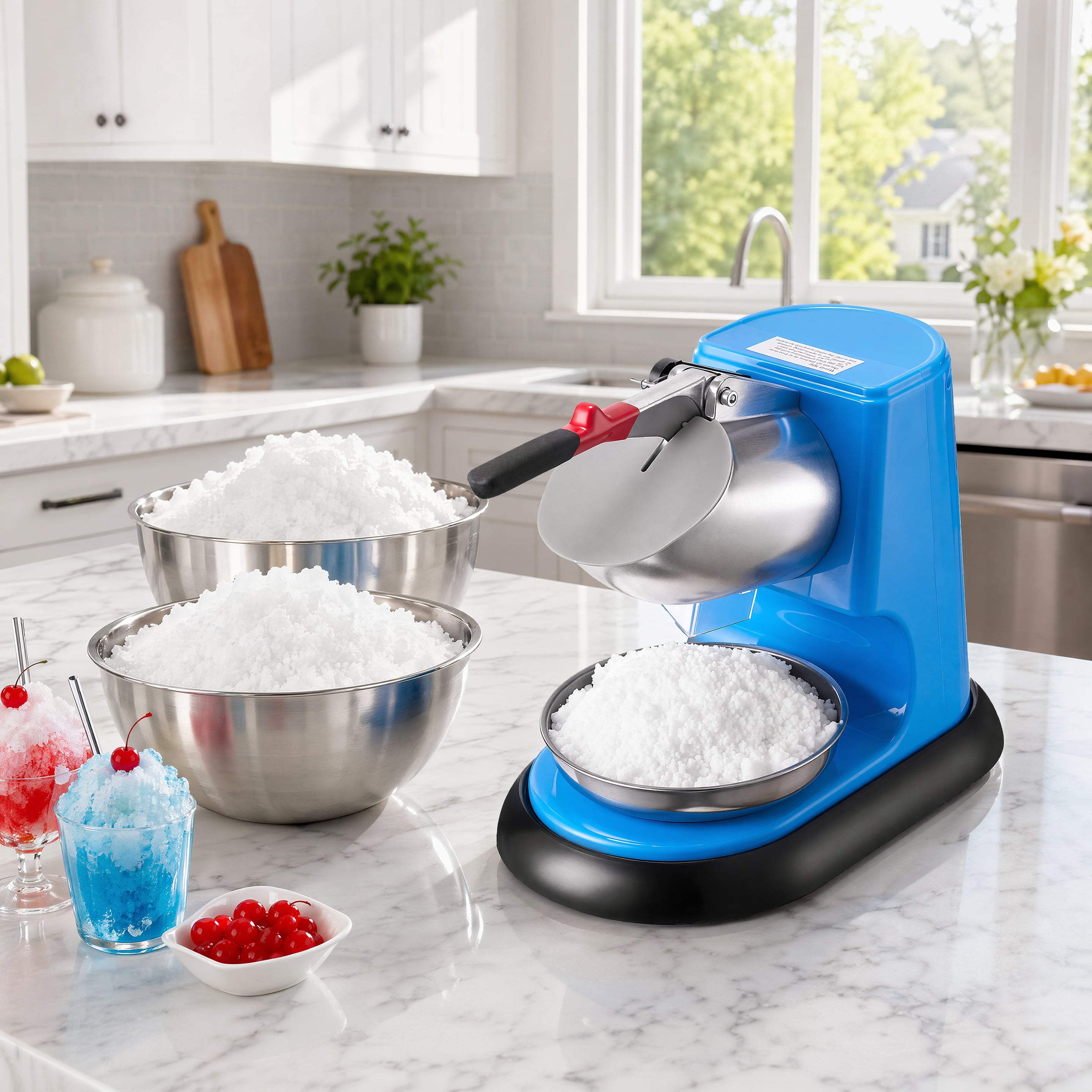 300W Commercial Electric Ice Crusher 220LBS/H Snow Cone Maker Shaved Ice Machine with 4 Stainless Steel Blades Anti‑Splash Design for Home Party Dessert Shop Blue