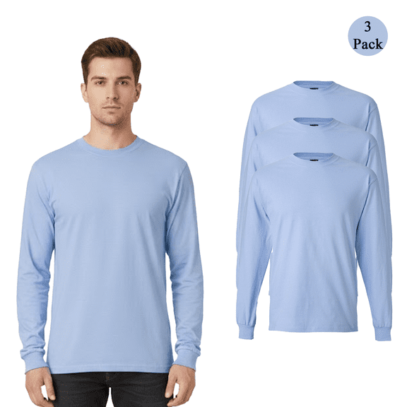 Hanes Men's Beefy-T Long Sleeve T-Shirt, Comfortable Crewneck Classic Fit Light Blue tee, 3-Pack S