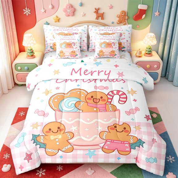 Manfei Merry Xmas 7-Piece Twin Bedding,Modern Christmas Animals Bedding Comforter Set,Xmas Reversible
