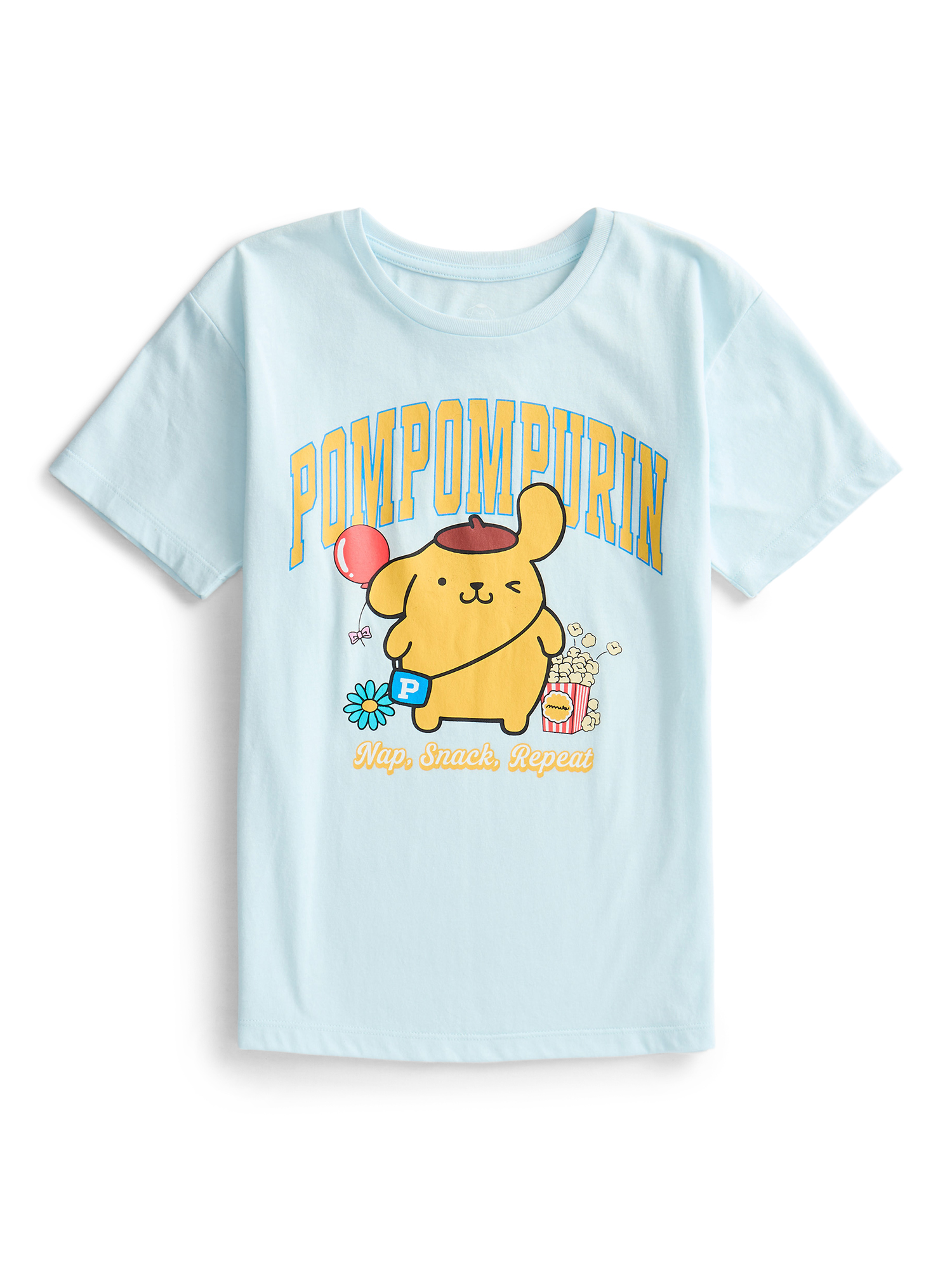 Sanrio Girls Pompompurin Snack Graphic Tee with Short Sleeves, Sizes 4-16