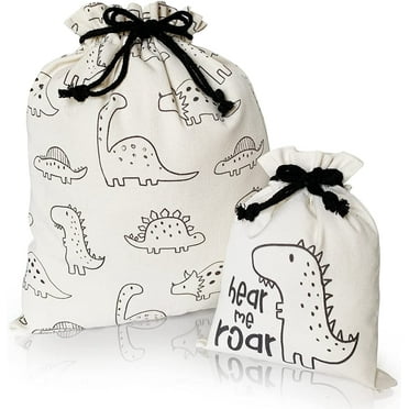 Gather & Knot Drawstring Gift Bags | 20" Large 12" Small | Premium Canvas | Reusable Fabric Wrap for Baby Shower or Boys Birthday | Dinosaur