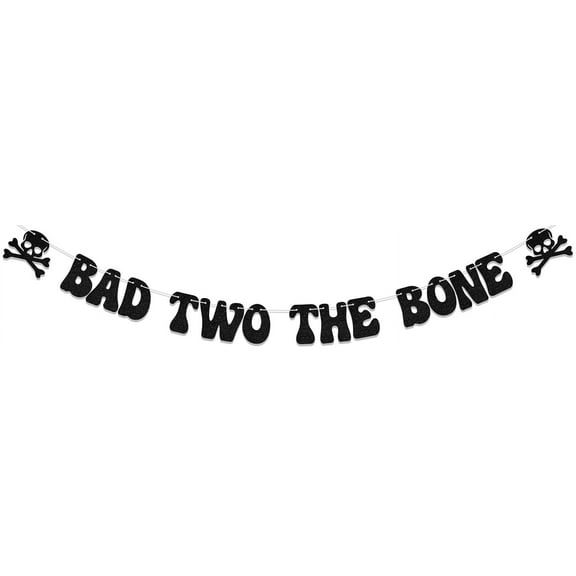 Black Bad Two The Bone Banner, 2nd Birthday Decorations for Boys Girls, Bad 2 The Bone Party Decorations, Music Rock N Roll Birthday Party Decor Supplies