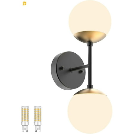 

Black and Gold Wall Light Mid Globe Wall Sconce Black Wall Sconce 2 Lights for Restaurant Room Bedside Stairs Bathroom Mirror(3000K G9 Bulbs Include)