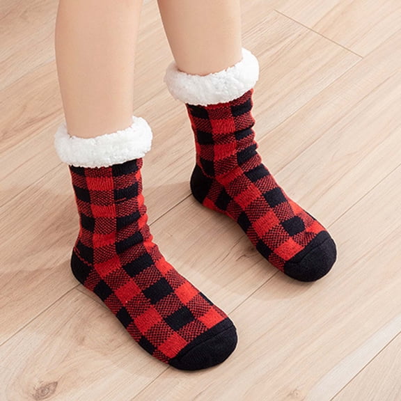 siminsem Ladies Warm Plaid Print Floor Socks Coral Fleece Fuzzy Socks for Women - Non Slip Thick Winter Slipper Socks Cozy Fluffy Home Indoor Sleeping Thermal Socks, Red,One Size