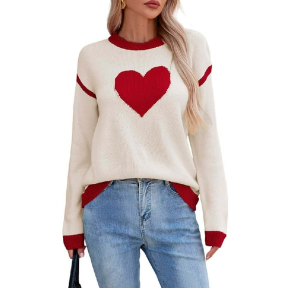 Ruimatai Women's Valentine Heart Print Sweater Round Neck Knitted Pullover Casual Long Sleeve Tops