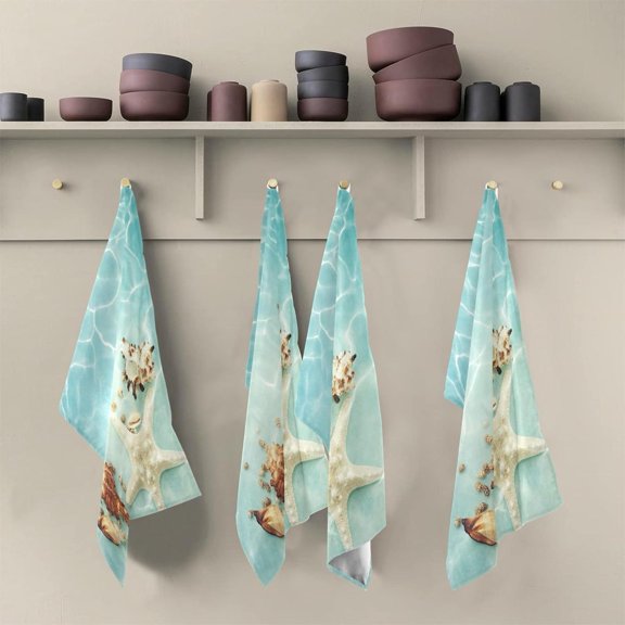 Ocean Water Seashells Tea Towels Set of 6 Summer Undersea Kitchen Dish Cloth with Hanging Loop, 18"x28"Lint-Free Absorbent Towel for Kitchen Drying Wiping and Cleaning