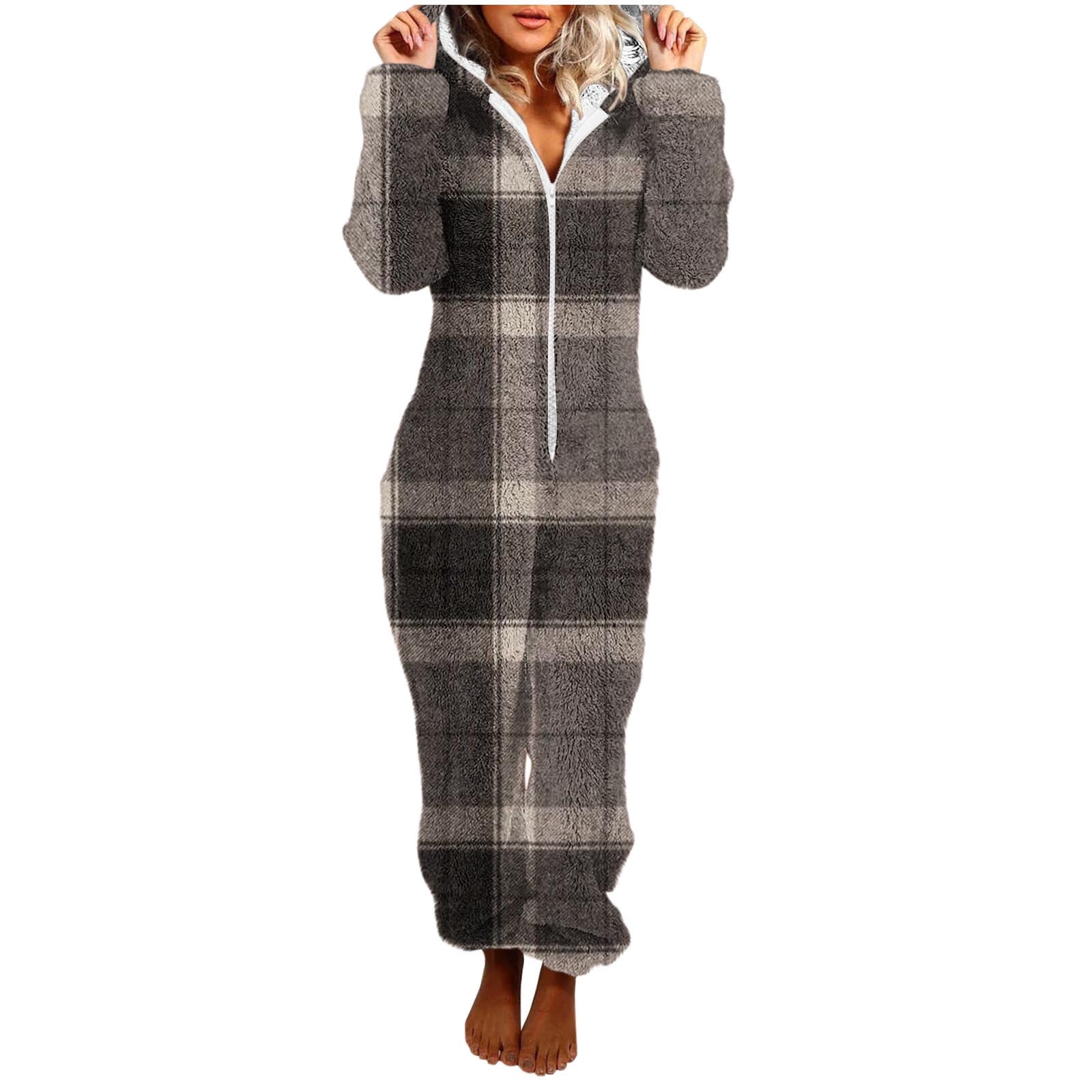 Women's Novelty One-Piece Pajamas New Women Print Long Sleeve Hooded Jumpsuit Pajamas Casual Winter Warm Romper Sleepwear Style B-33 Black L