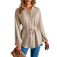 thumbnail image 1 of Blusa de poliéster Manga larga Un solo pecho Lazo en la cintura Top informal con cuello levantado para mujer Albaricoque S, 1 of 6