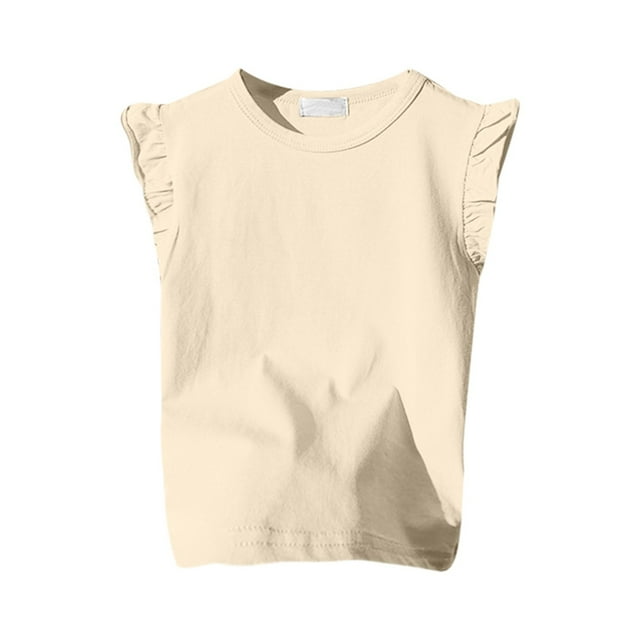 FhsagQ The 7th Of July Girls Ruffle Sleeve T Shirt Solid Color Vest Girls Basic Short Sleeve 4T Girl Spring The 7th Of July T shirts Spring Little Girls shirts 4T-5T Easter Beige 2-3Years