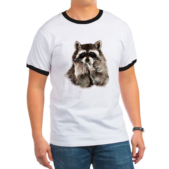CafePress - Cute Humorous Watercolor Raccoon Blowing A Kiss T - 100% Cotton Ringed T-Shirt