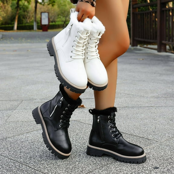 Miluxas Women’s Combat Boots Warm Winter Snow Boots for Women Lace Up Side Zipper Mid-Calf Fashion Booties Black 9(42)