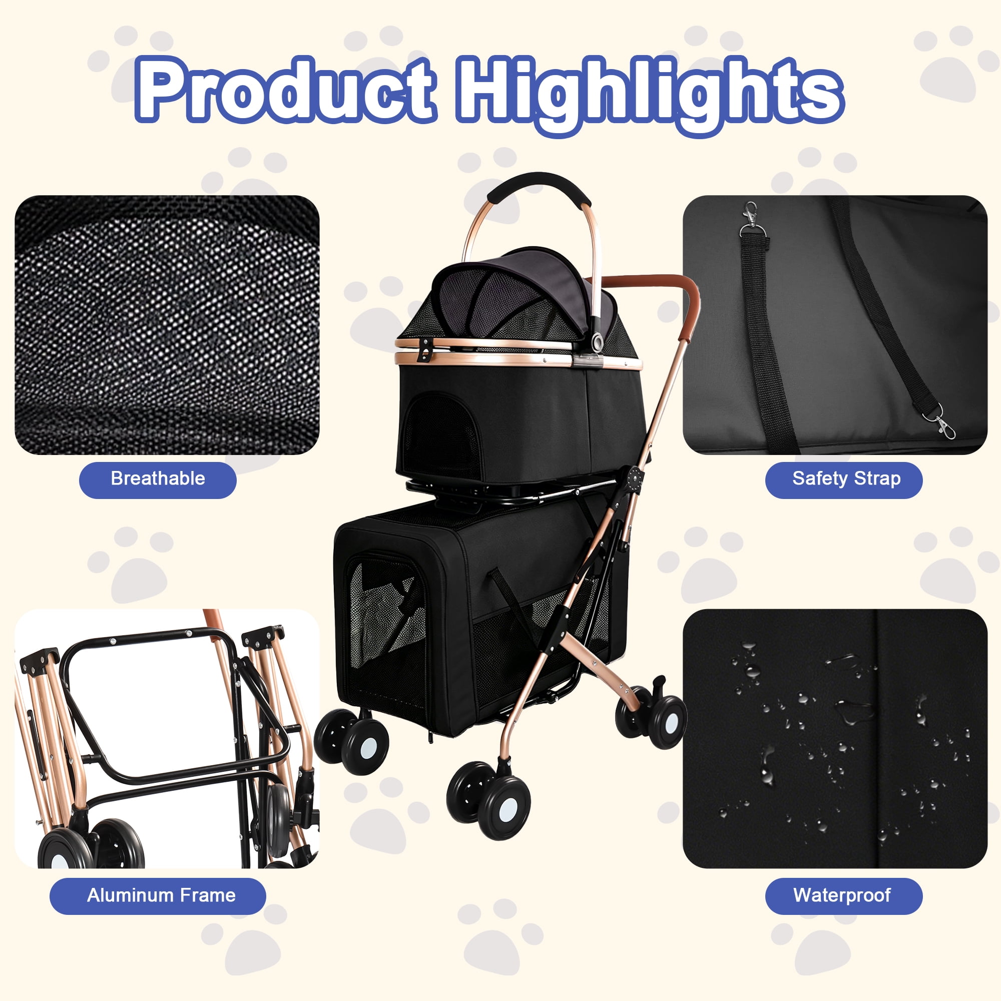 3-in-1 Double Decker Pet Stroller with Detachable Baskets Handbag, Each Layer Holds 15 LBS, Shockproof 360° Swivel Lockable Wheels, Dual-Button Foldable for Small Medium Dogs Cats Rabbits