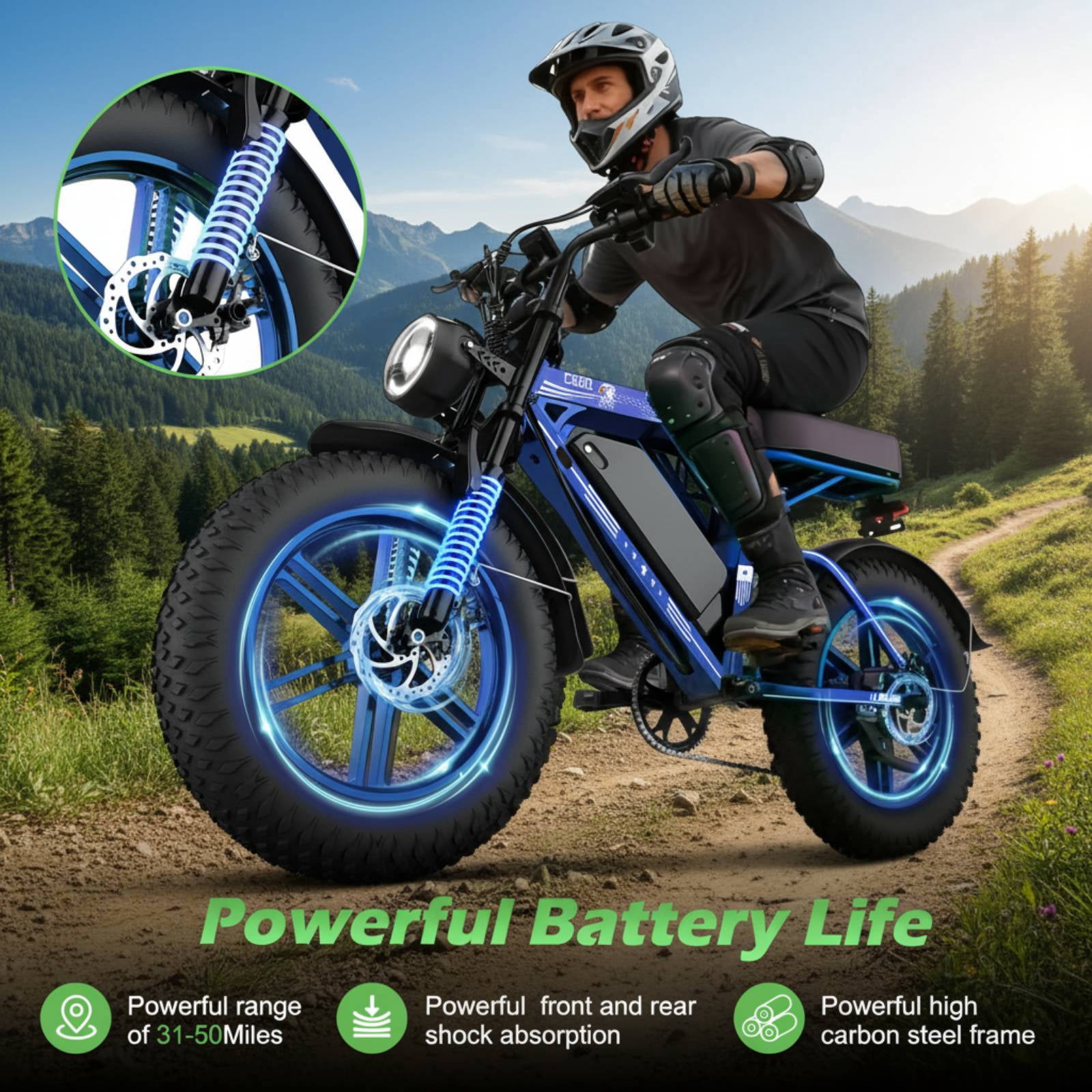 EggKing C200 1000W Electric Bike for Adults, 20" Fat Tire E-Mountain Bikes, 48V 17.5Ah 31MPH Electric Bicycle, Full Suspension UL2849