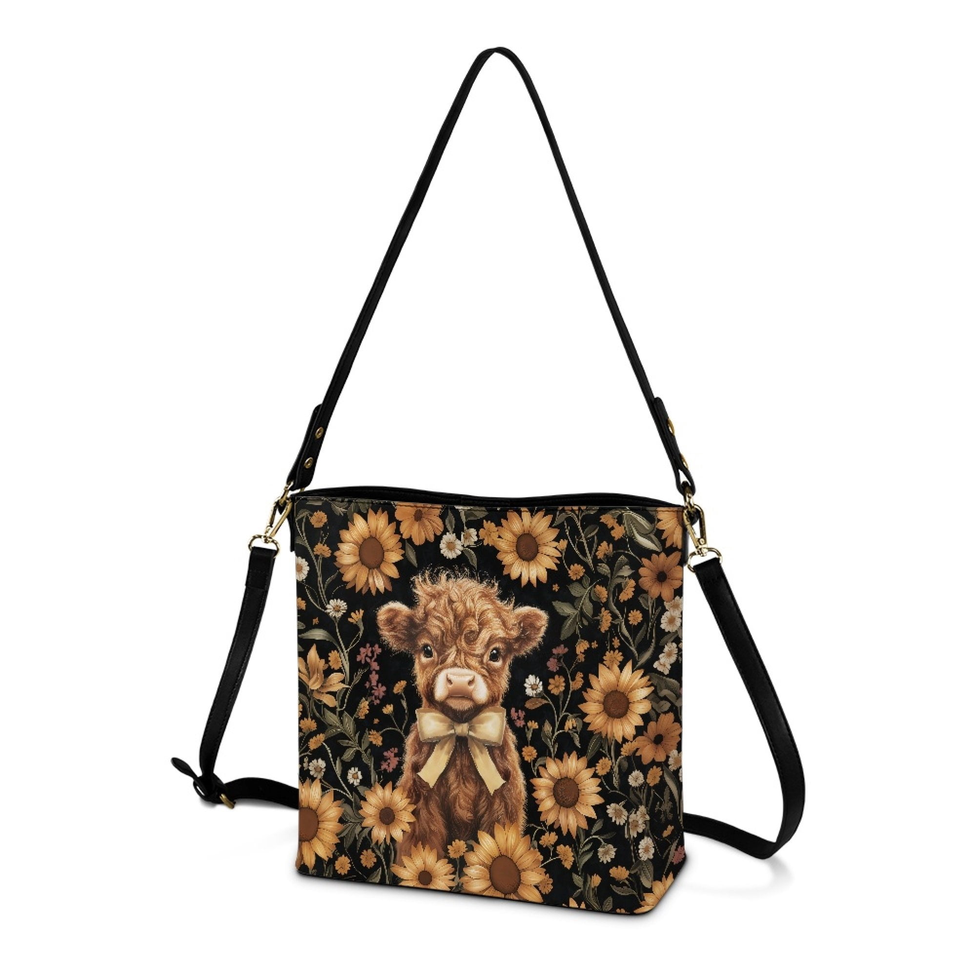 Kuiaobaty Highland Cow Print Bucket Crossbody Bag for Women Lady Sunflower Print Leather Hobo Satchel Purse Crossbody Cute Roomy Bucket Tote Bag with Adjustable Strap for Travel Brown