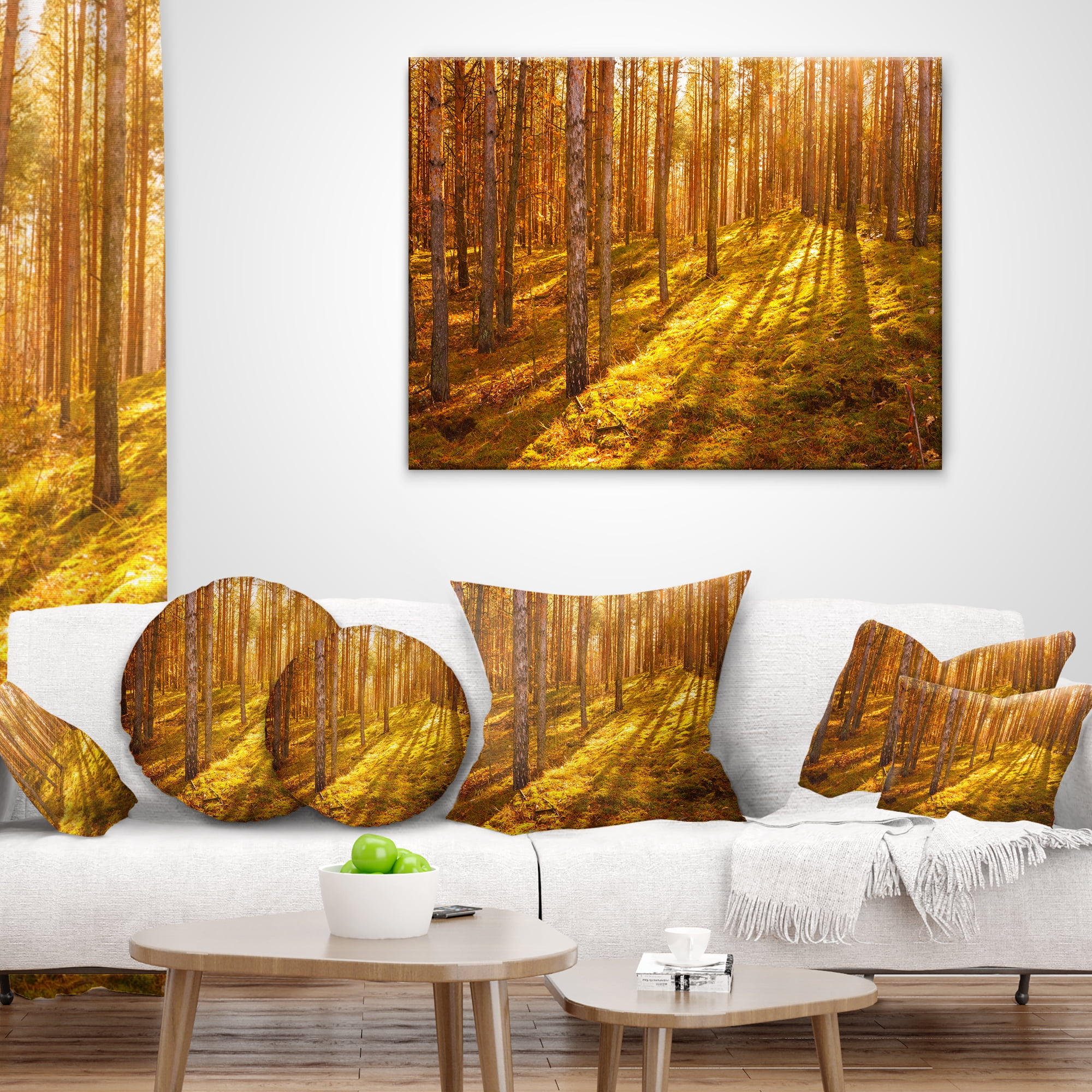 Designart Beautiful Sunrays in Thick Forest - Modern Forest Throw Pillow - 12x20