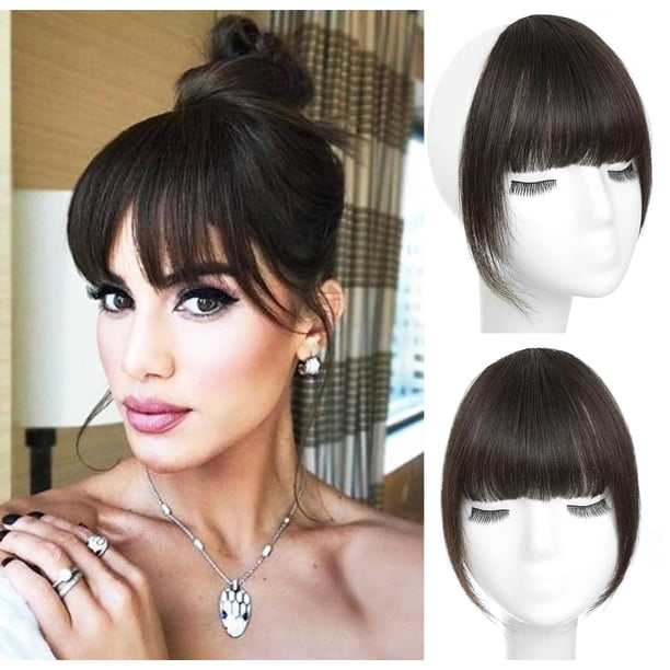 ORIGEN Clip en Flequillo Cabello Humano Real Clip en Flequillo Wispy Flequillo con Patillas Postizos Extensiones de Flequillo Frontal Falso para Mujeres Color Marrón Negro