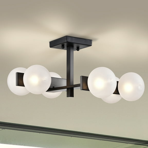 Carly Matte Black 6-Light Frosted Glass Globe Semi-Flush Mount