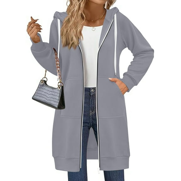 Long Hoodies For Women Zip Up Oversized Double Zipper Lined Fall Outfits Jackets Oversized Hooded Sweatshirts With PocketsLight Gray M