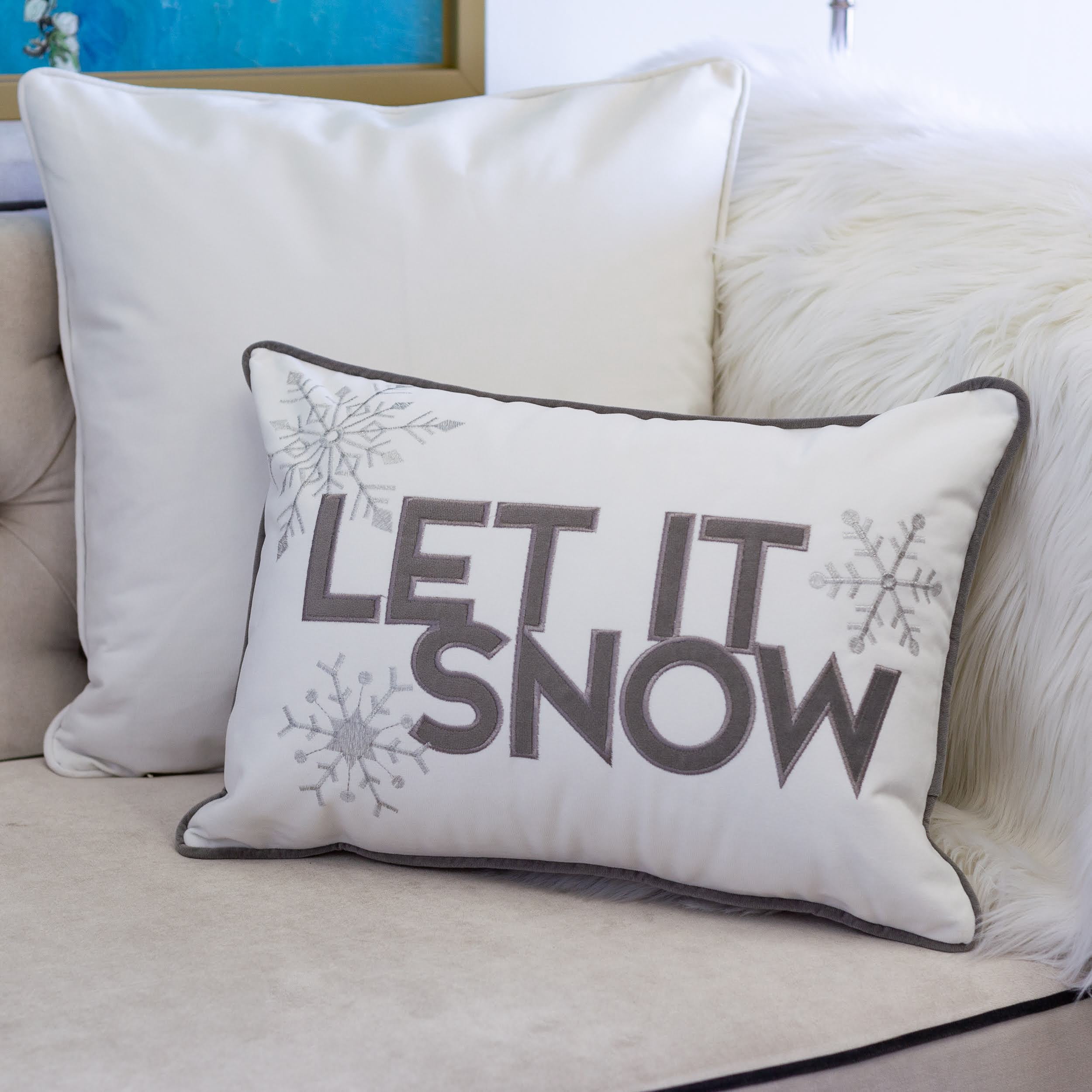 Let-It-Snow White and Gray Embroidered Snowflake Graphic Polyester 14 in. x 20 in. Decorative Throw Pillow