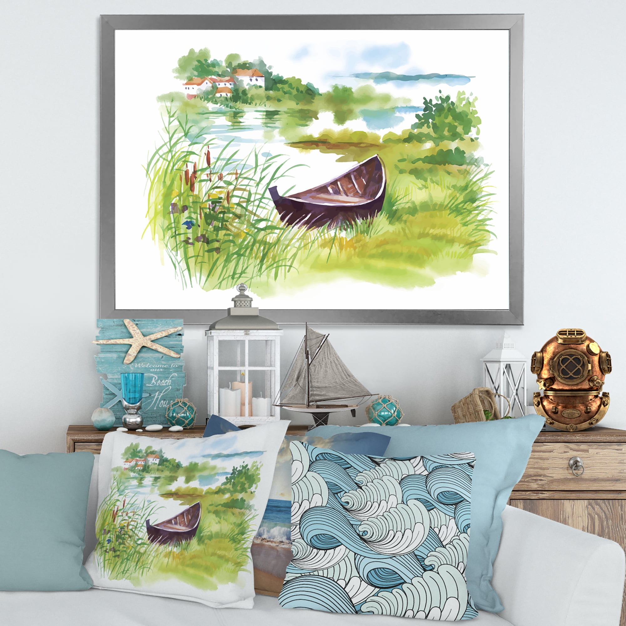 Designart 'Rural Green Landscape With Boat In Lake' Lake House Framed Art Print